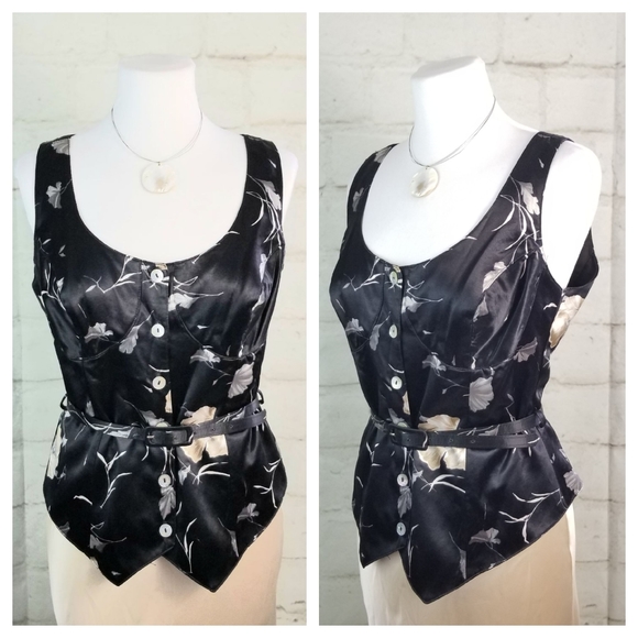 Vtg Dalmys 9 Black Floral Satin Belted Vest Top - Picture 2 of 6